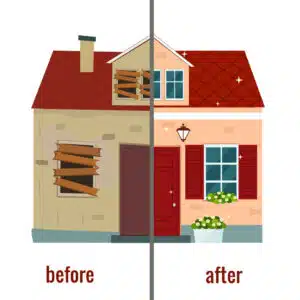 before and after illustration of a fix and flip house